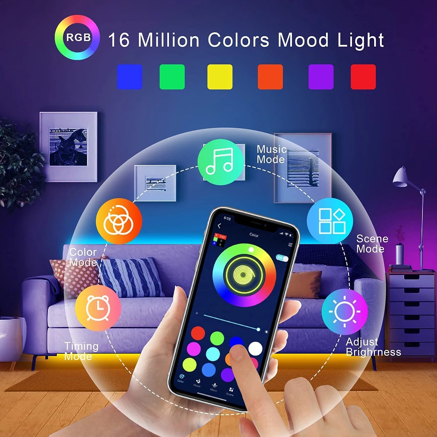 Ruban LED RGB Connecté — Contrôle APP, 16 LED/m, 5m à 30m pour Chambre & Salon | Novatek Studio