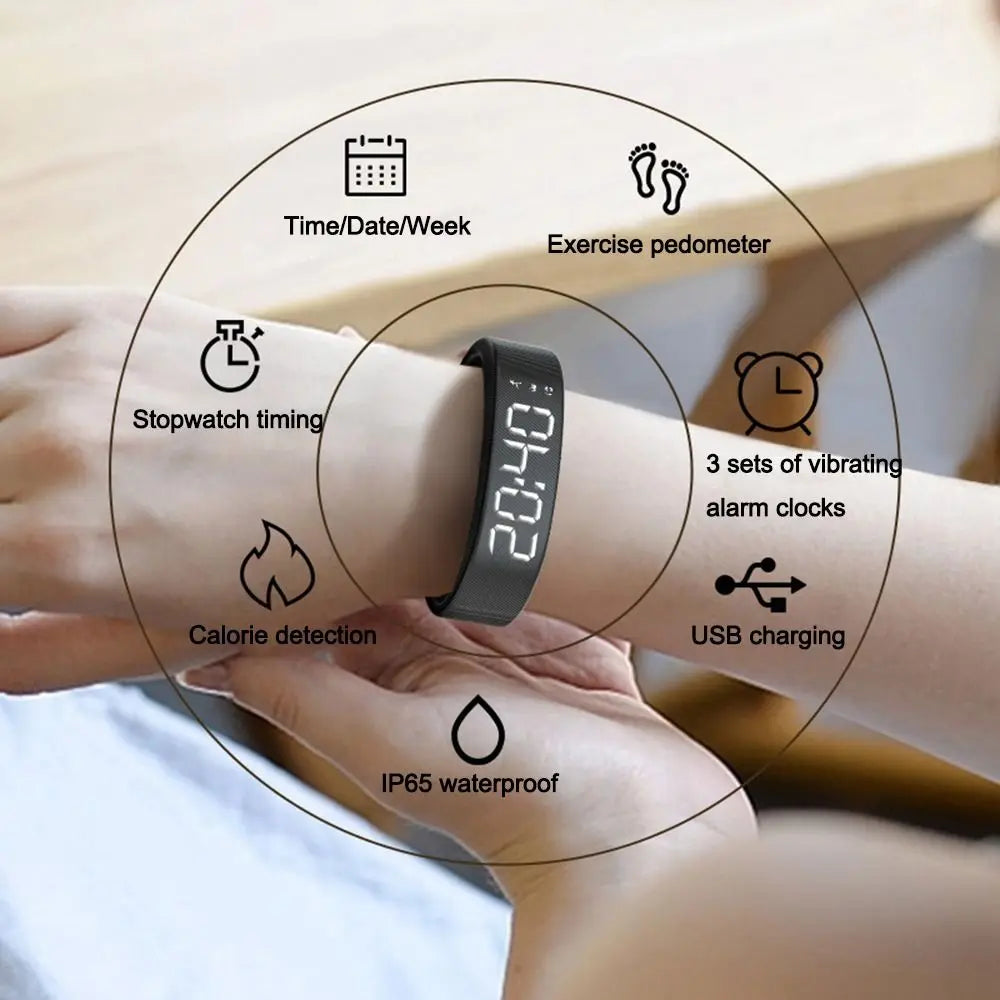 Bracelet Réveil Vibrant LED — Alarme Silencieuse, Podomètre & Waterproof | Novatek Studio