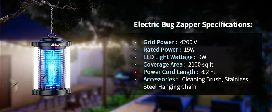 Lampe Anti-Moustiques Minimoon 4200V — 15W, Double UV LED, IPX4 & Usage Extérieur | Novatek Studio