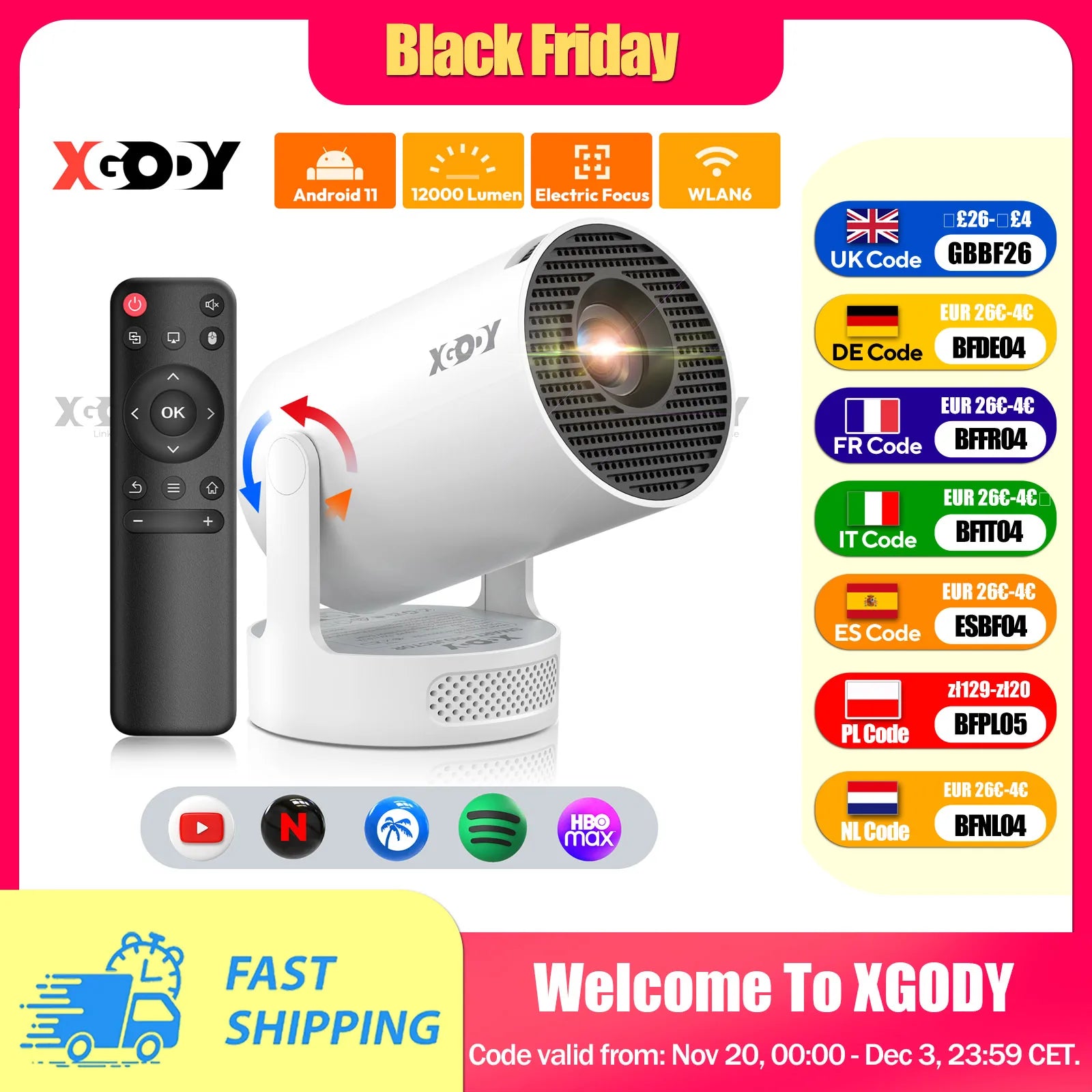 Vidéoprojecteur XGODY Short-Focus 250 ANSI HD — 150 Pouces, Android & Correction Auto | Novatek Studio