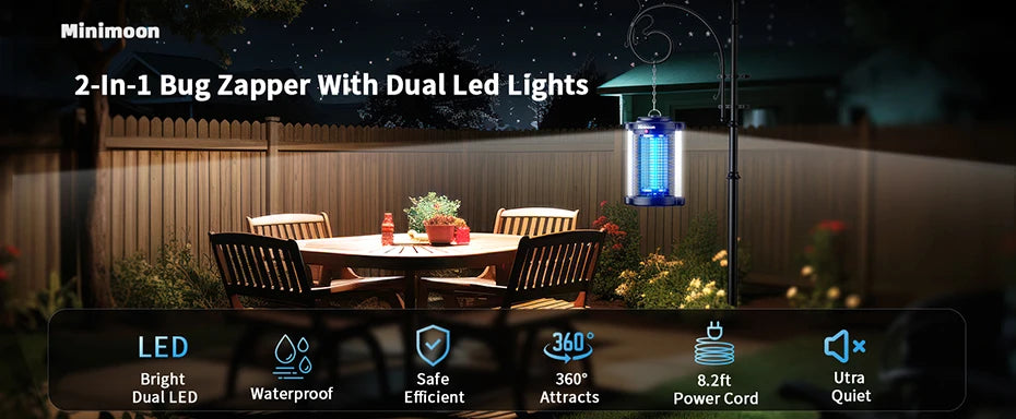 Lampe Anti-Moustiques Minimoon 4200V — 15W, Double UV LED, IPX4 & Usage Extérieur | Novatek Studio