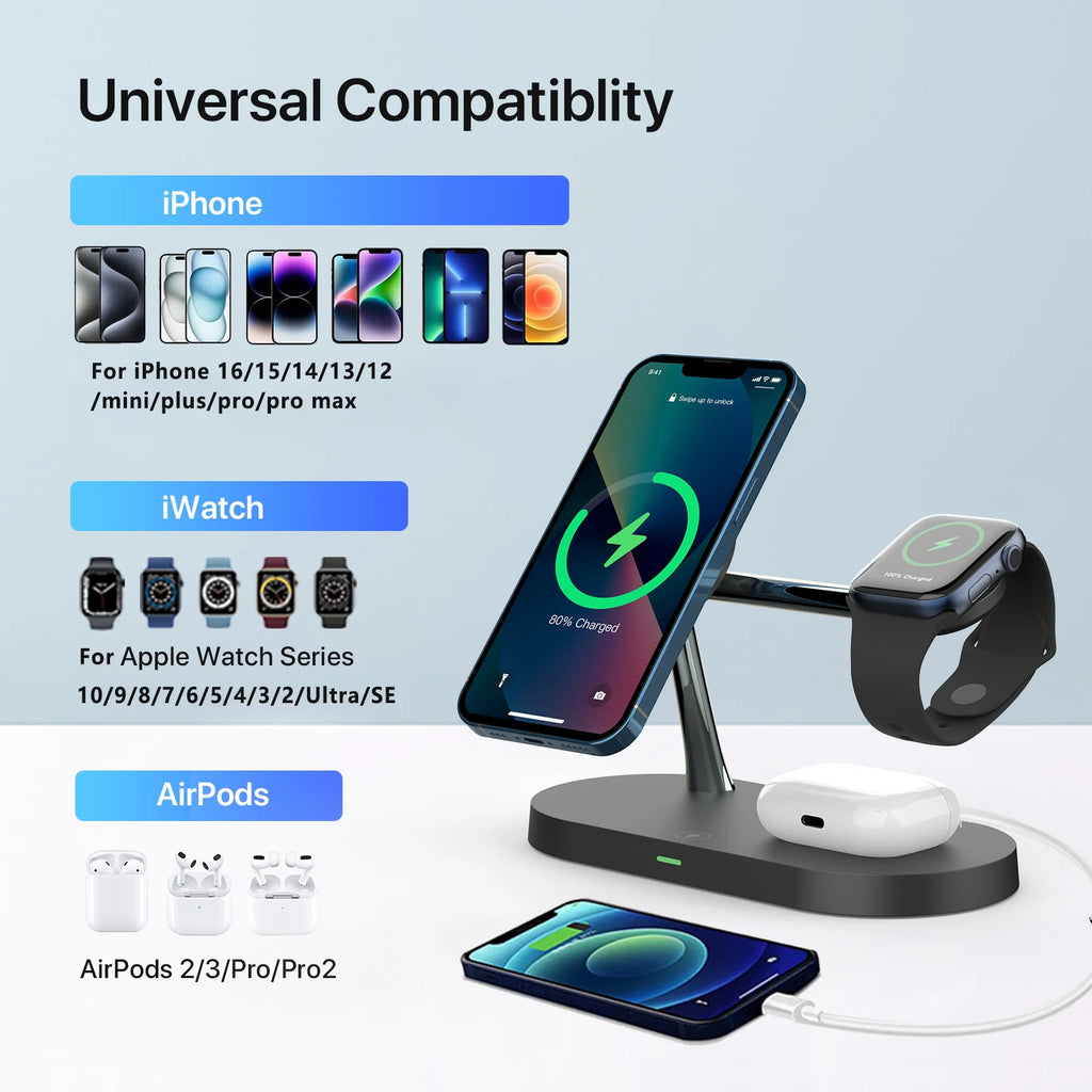 Station de Charge Sans Fil 3 en 1 — iPhone, Apple Watch & AirPods 15W Rapide | Novatek Studio